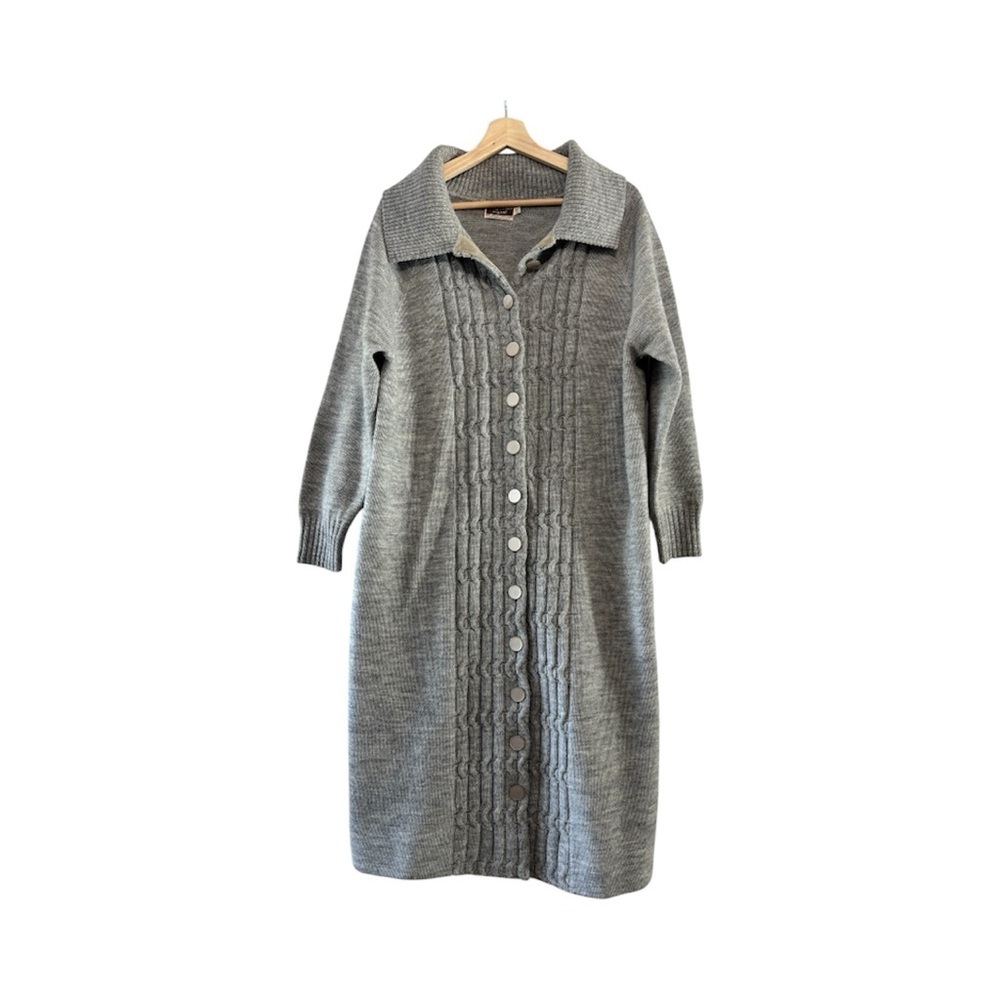 Vintage May Claire Wool Orlon Blend Gray Knit Button-Up Cardigan Duster Coat M - Picture 2 of 7